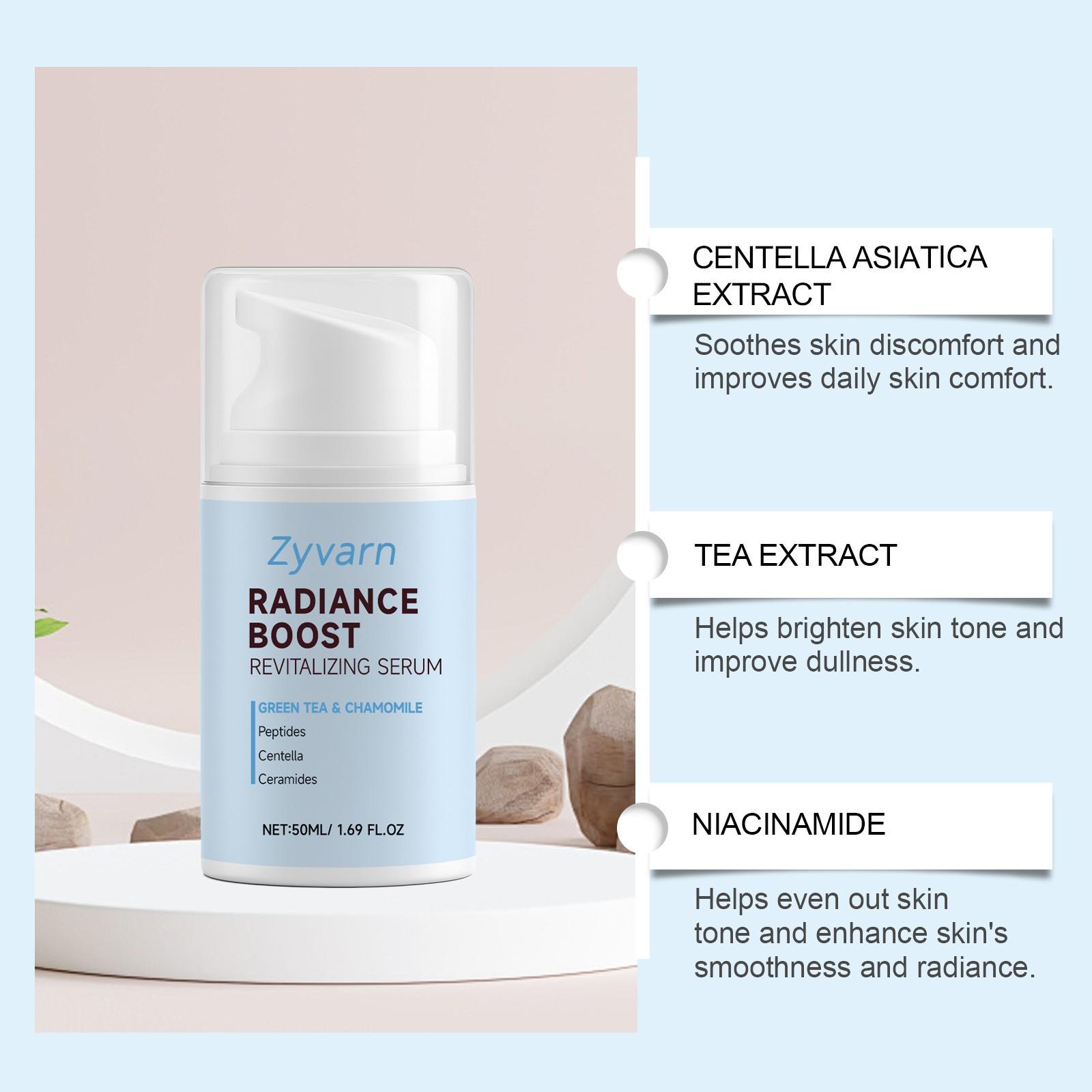 Zyvarn Radiance Boost Revitalizing Serum | Centella Asiatica Niacinamide Hyaluronic Acid Ceramides Copper Tripeptide-1, Gentle for Sensitive Skin, Soothing Brightening Hydrating Barrier Repair Daily Face Serum