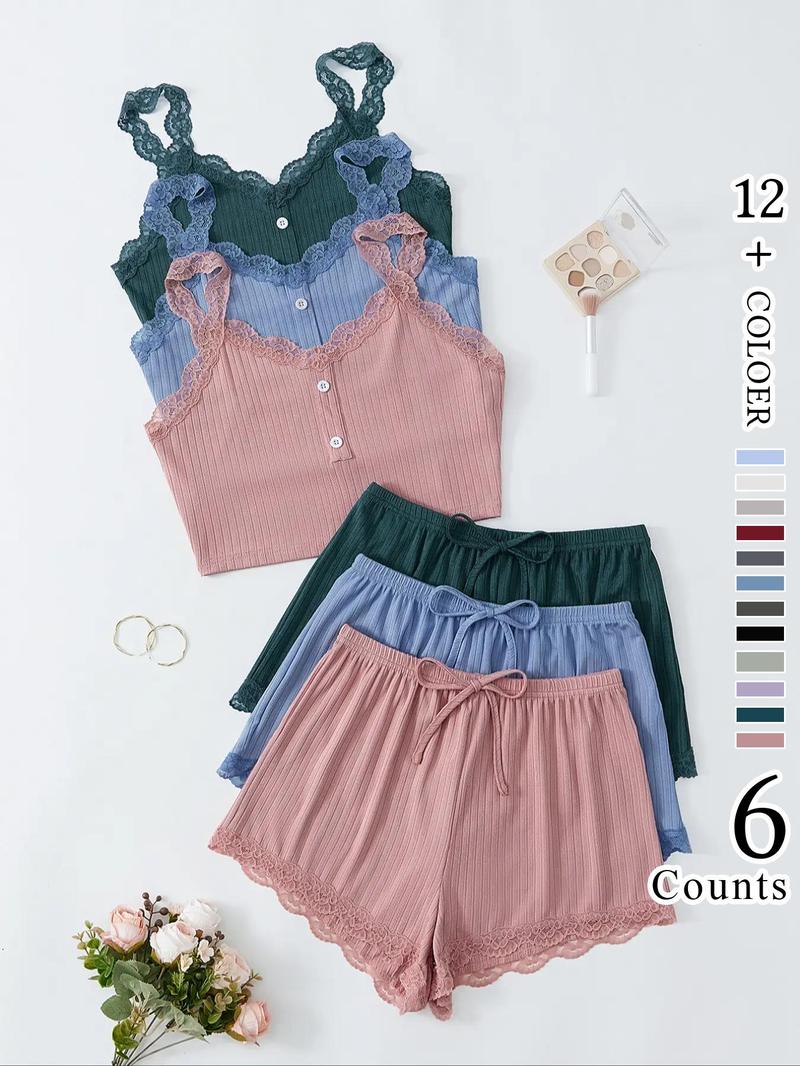 Women's Elegant Contrast Lace Button Cami Top & Elastic Waist Tie Front Shorts Pyjama Set, Casual Comfortable Loungewear Set For Women, Pyjamas for Women