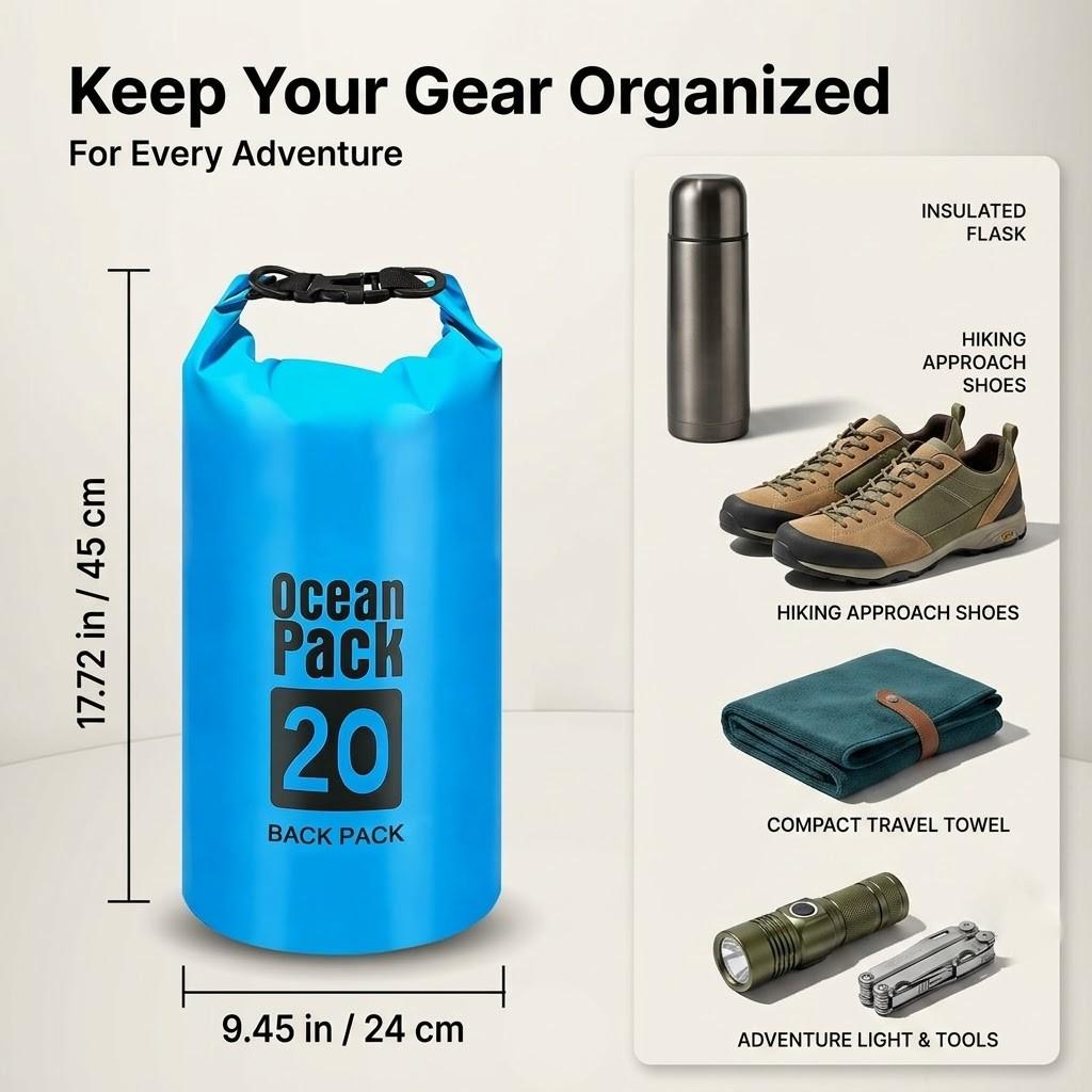 Waterproof Dry Bag 20L, Roll Top Dry Storage Backpack for Kayaking & Boating, Boating Accessory, Lightweight Submersible Sack for Swimming Beach Camping