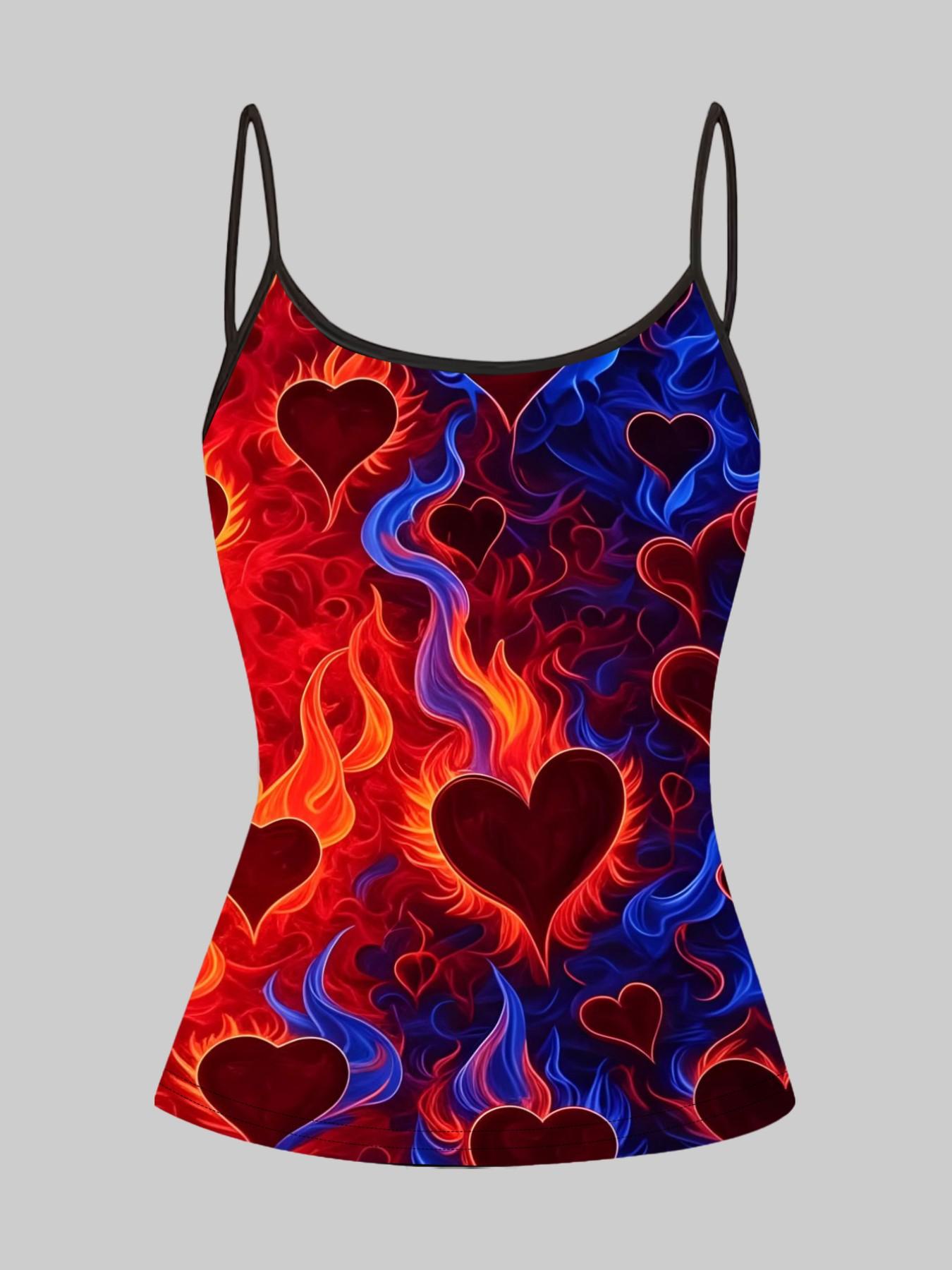 Neon Flame Heart Print Strappy Top, Summer Home Sleepwear Outerwear, Unique Slim-Fit Shirt Set of Four, Casual Style