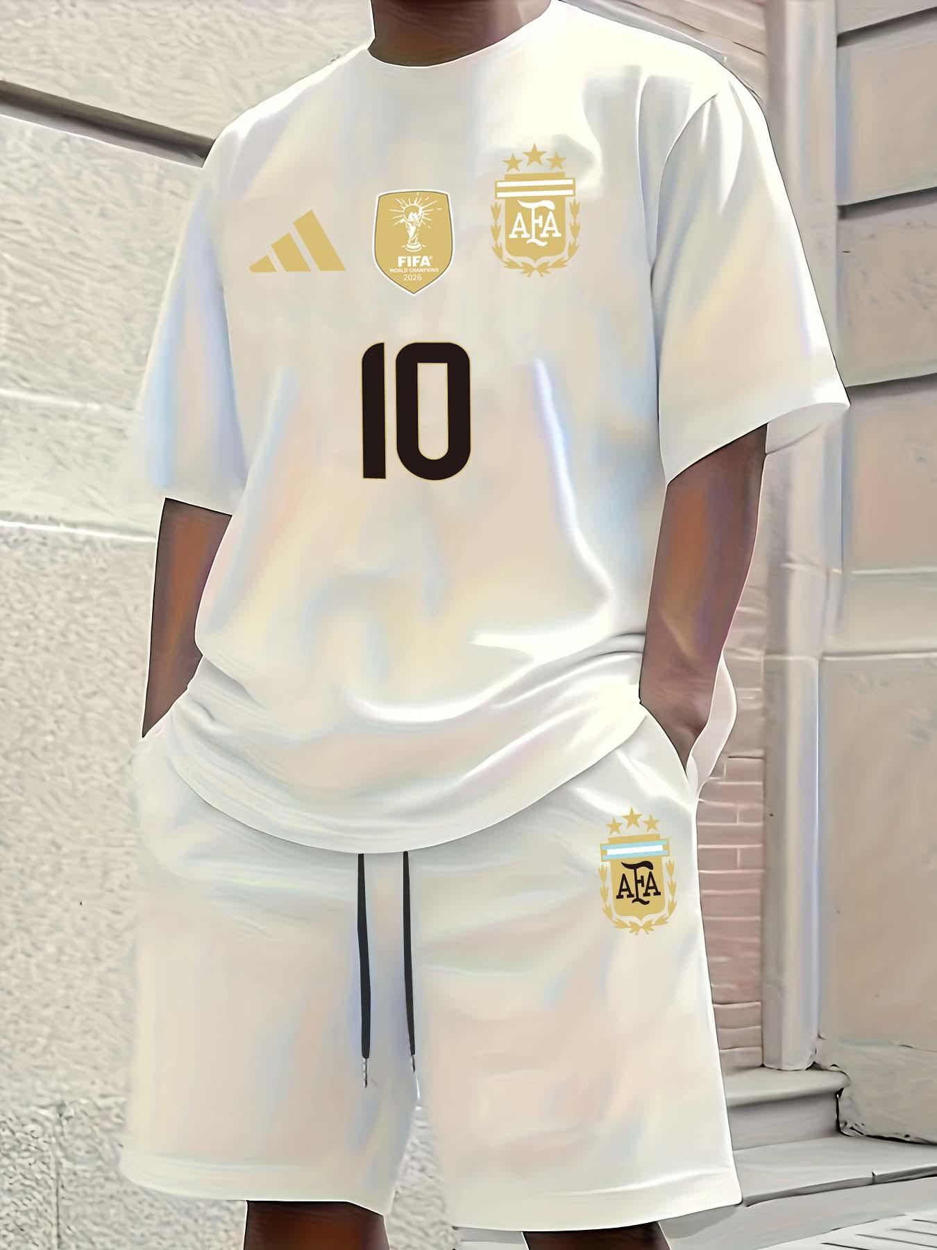 Men's Argentina #10 Messi 2 Piece, World Cup Champions Graphic T-Shirt & Shorts, Sporty Casual Soccer Fan Gear for Summer