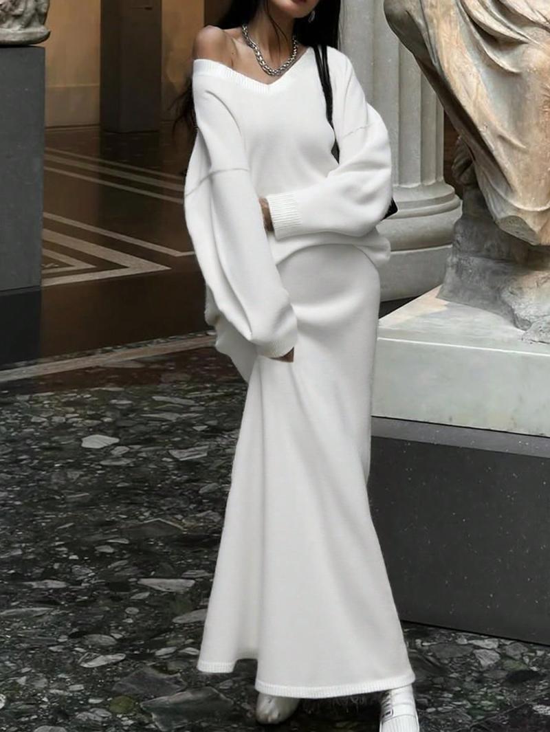 Autumn Winter Casual Loose-Fit Long Sleeve Sweater & Long Skirt Set, Two-Piece Knitwear, Comfortable & Stylish Women's Clothing, Outfit Sets Women