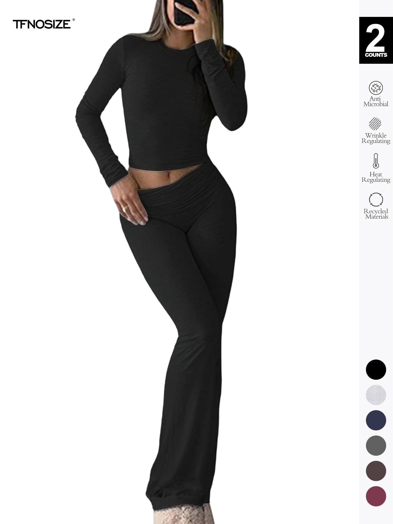 Women's 2 Piece Casual Pajama Set, Slim Fit Long Sleeve Top & Low Rise Bell Bottoms, Versatile Yoga Loungewear for All Seasons,Airport Outfit