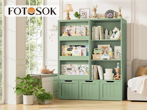 FOTOSOK Toy Storage Organizer with  8 Storage Cubbies and 2 Movable Drawers, Toy Organizer with Hidden Wheels and 3-Tier Kids Bookshelf, Multifunctional Floor Storage Chest for Playroom