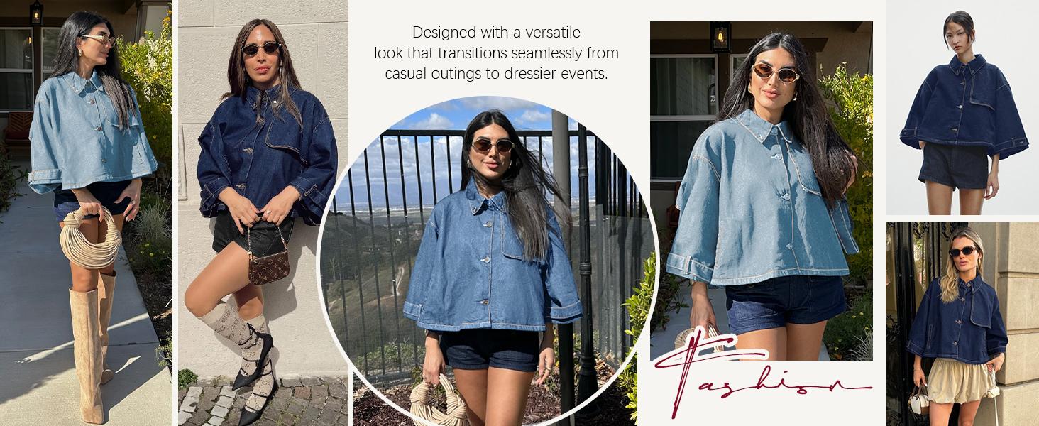 FMEYOA Womens Oversized Cropped Trench Coats Single Breasted 3/4 Cape Sleeve Trendy Casual Jackets Button up Outerwear