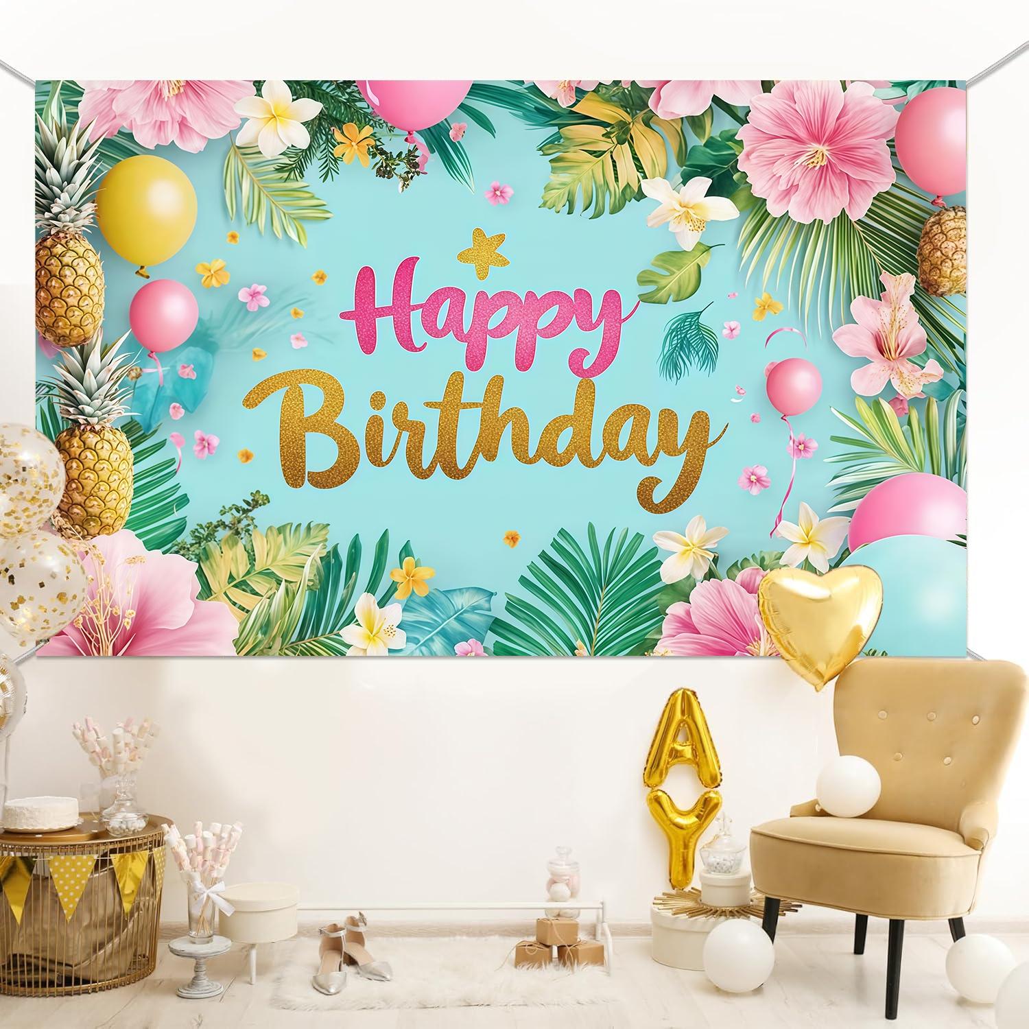 Hawaiian Birthday Party Backdrop Banner, Flamingo Palm Leaf Aloha Tropical Floral Theme, Polyester Material, Indoor Outdoor Party Decor