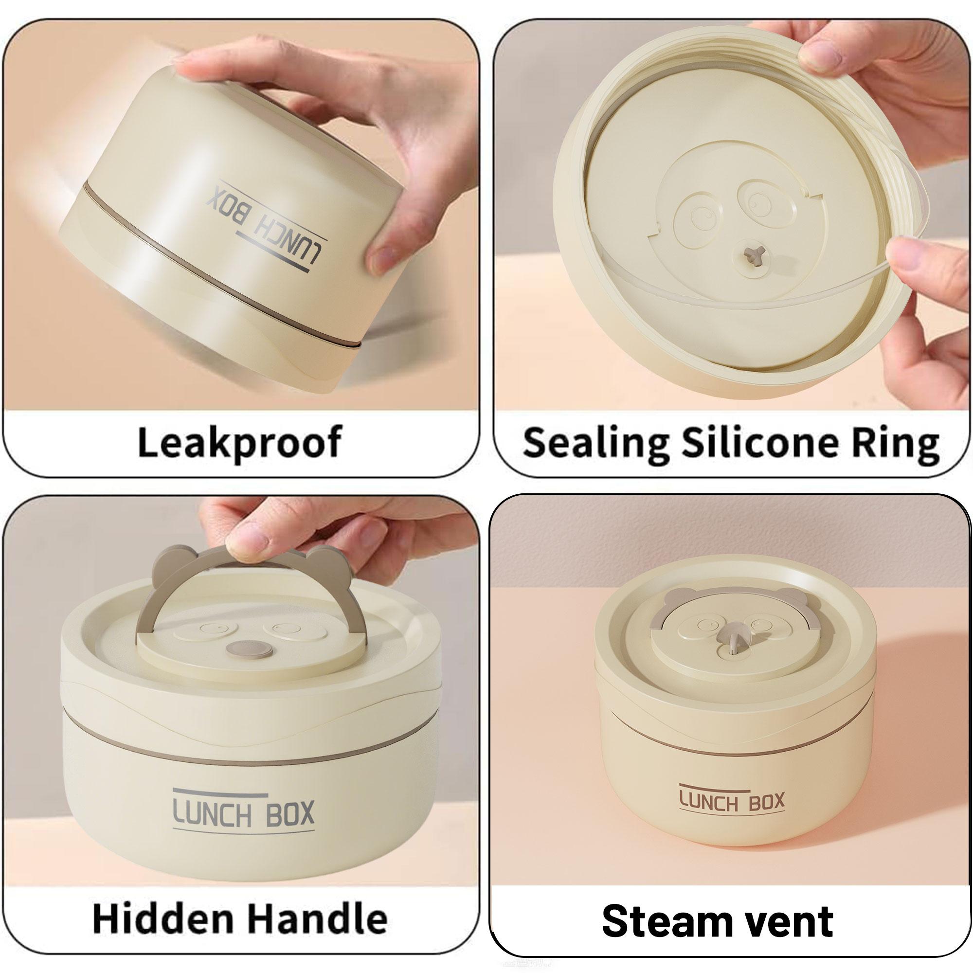 4 Pcs Insulated Bento Box Portable Stainless Steel Food Container Round Microwave Safe Stackable Leakproof Thermal Lunch Box with Insulated Bag Beige for Adults Men Women Work School Picnic Travel Meal Prep Food Storage