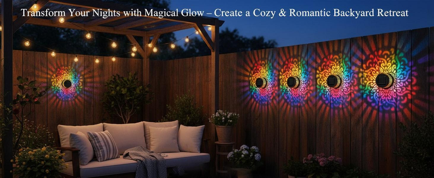 2Pcs Solar Mandala Hollow-Out Projection Wall Light – 7 Color Changing RGB, Waterproof Metal Fence Lights, Outdoor Lighting Essentials Decorative Lamps for Yard, Garden, Patio, Backyard Decor
