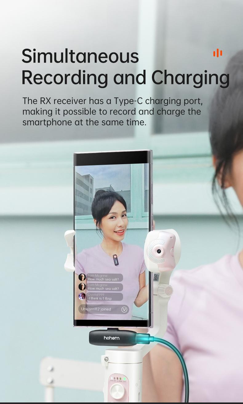 hohem MIC-01 Wireless Lavalier Microphone, DSP Noise Cancellation, 20-Hours Battery, Wireless Mircophone for Android, PC, Camera, Interview, Vlogs (1 TX + 1 RX ), Perfect with hohem iSteady M6/iSteady MT2/iSteady Mobile+ Audio  Microphone