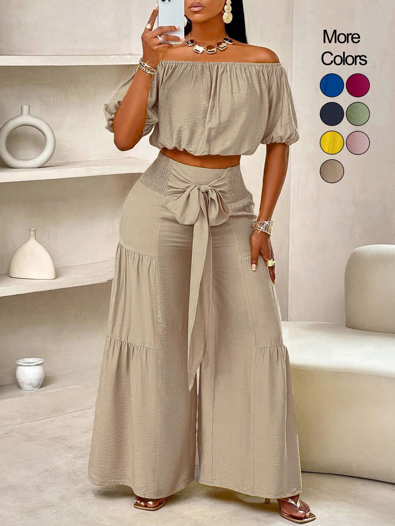 Summer Beach Vacation Bow Shoulderless Round Neck Shirt Wide Leg Pants Set, Casual Plain Design, All Seasons Wear, Women's Fashion