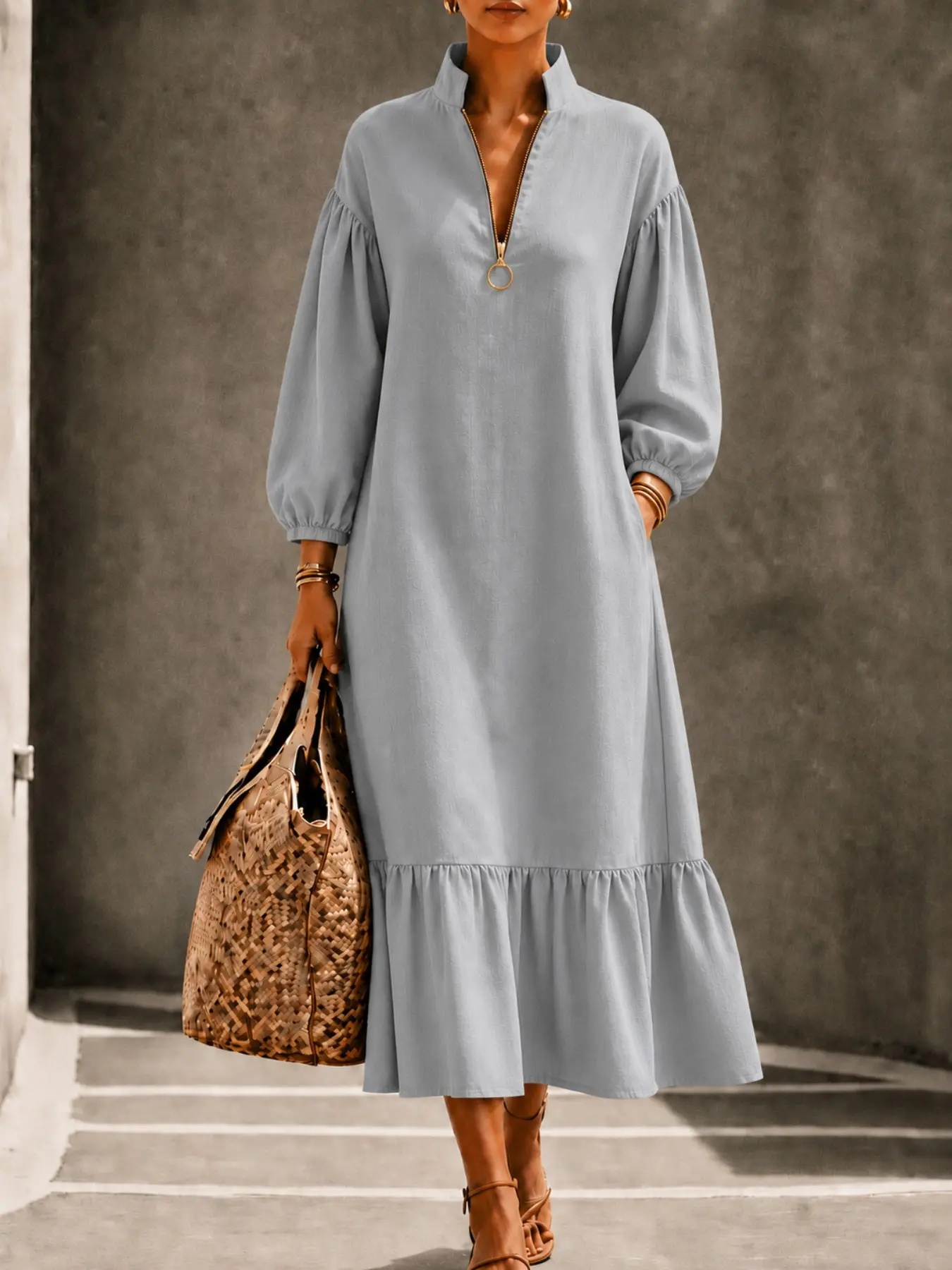 Women's Solid Color Textured Stand Collar Half-Zip Bubble Long Sleeve Dress, Casual Office Wear, Versatile Loose Fit Long Dress, Chic