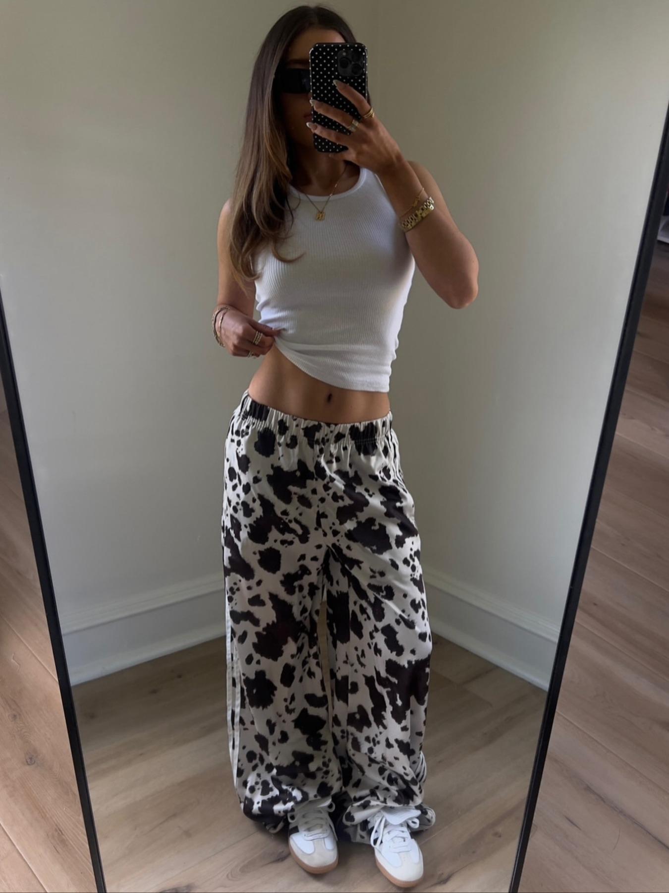 [new]Women's Casual Random Cow Print Elastic Waist Wide Leg Pants, Y2K Style Loose-Fitting Sporty Trousers for Daily Wear, Casual Streetwear Pants