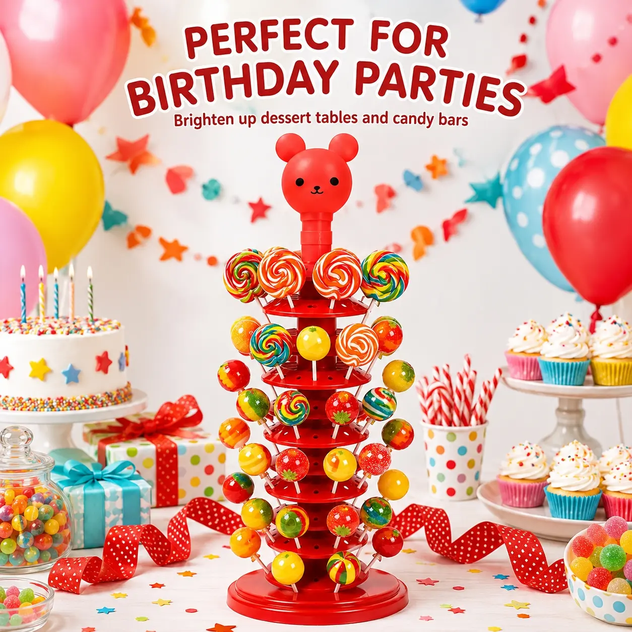 10-Tier Lollipop Display Stand — Features a sturdy double-layer design with slots at the top; ideal for candy table decor or tabletop centerpieces at weddings, baby showers, birthday parties, and other events.