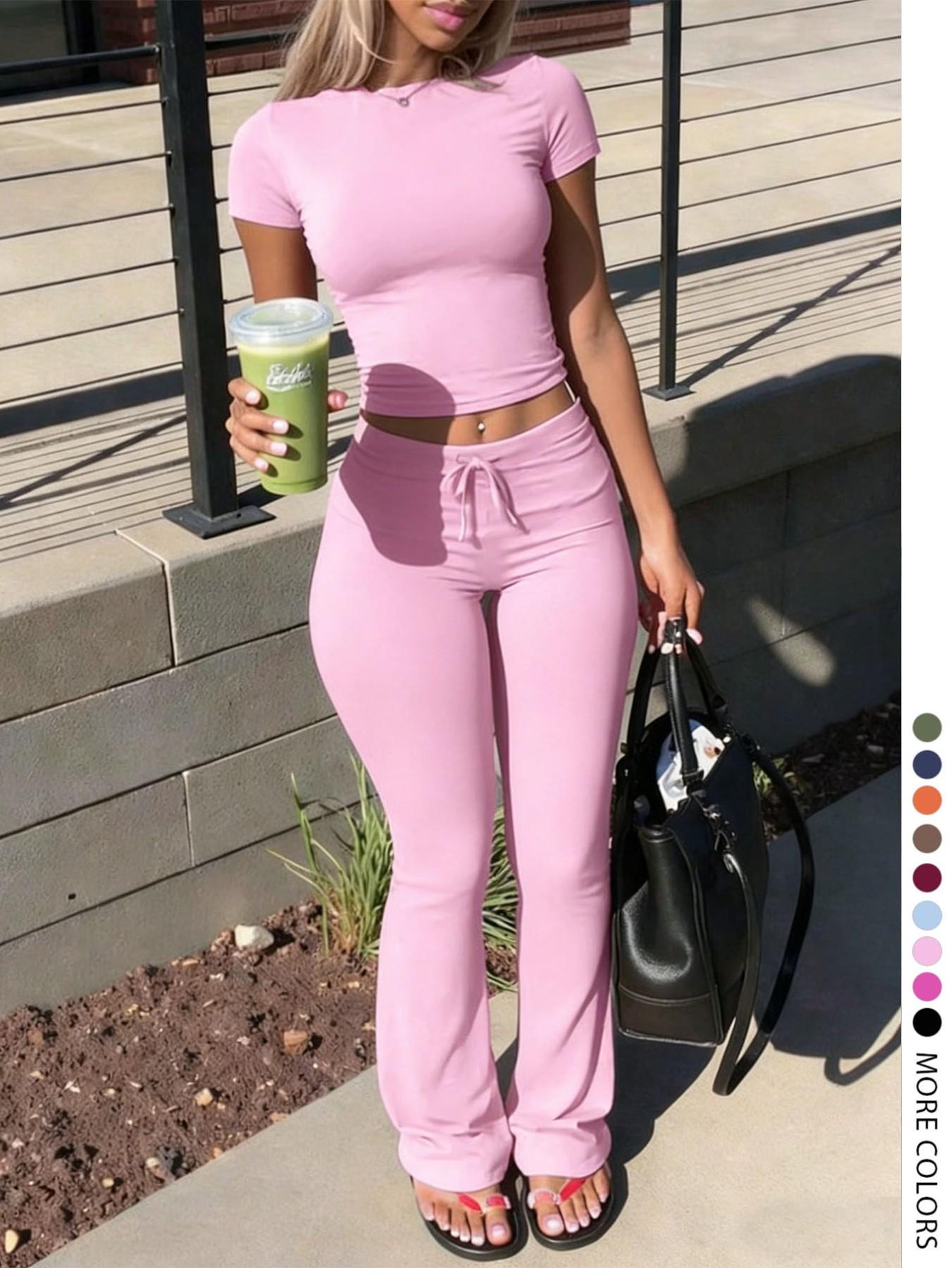 LovelyWholesale - US Women's Fashion Casual Solid Color Round Neck Short Sleeve T-Shirt Top and Drawstring Pants Two-Piece Set, Spring and Summer Clothing