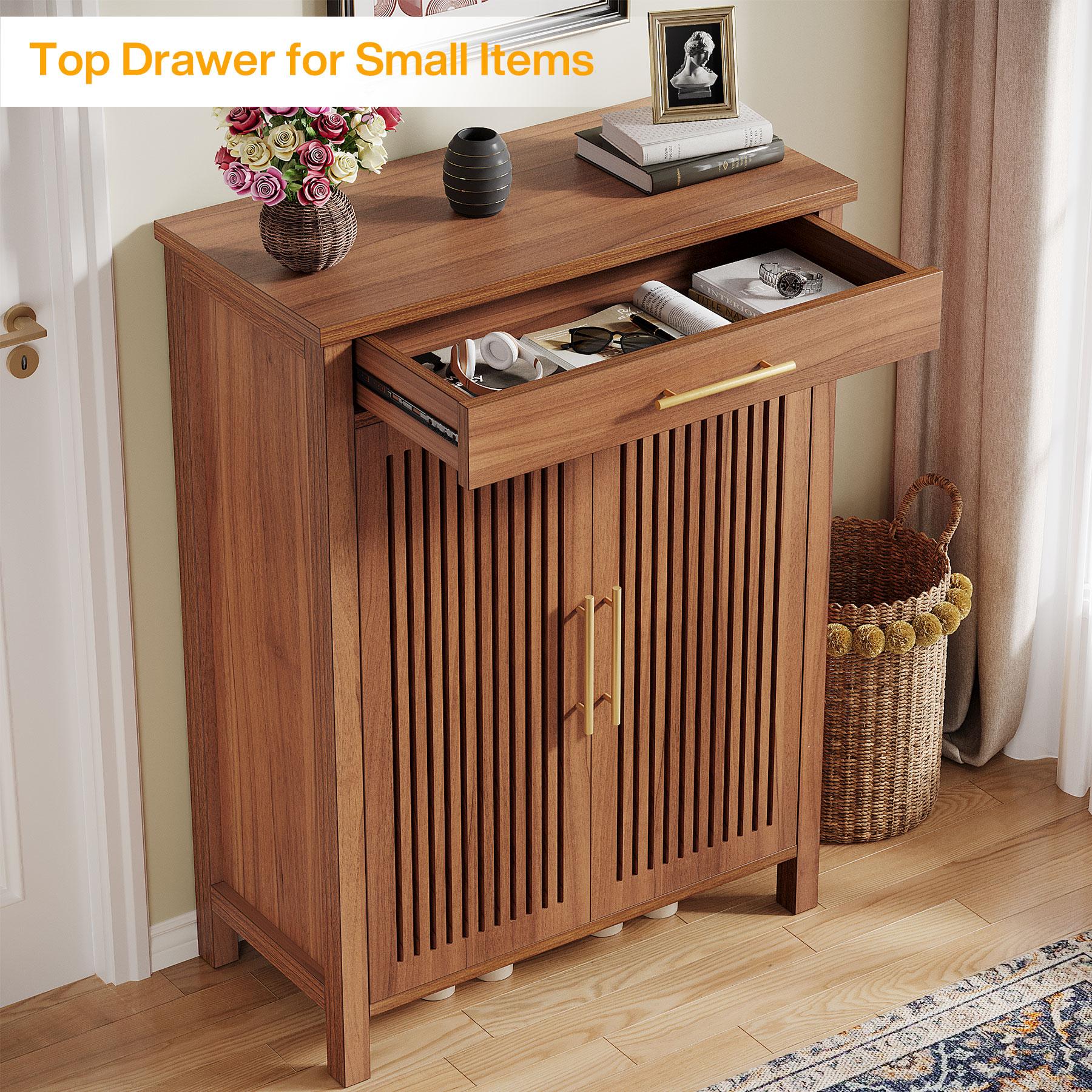 LITTLE TREE  Shoe Cabinet, 5-Tier Shoe Storage Cabinet with Louvered Doors and Drawer, Freestanding Wooden Shoe Rack Organizer with Adjustable Shelves for Entryway, Hallway, Closet(All Color With Adjustable Shelves)