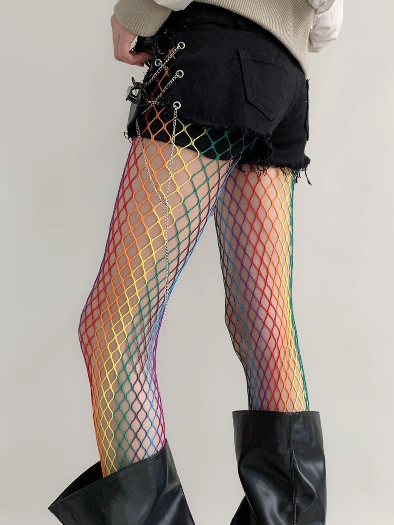 Y2K Boho Mesh Stockings, Rainbow Color Grid Patchwork Fishnet Pantyhose, Fitted Style, Women's Fashion Accessories