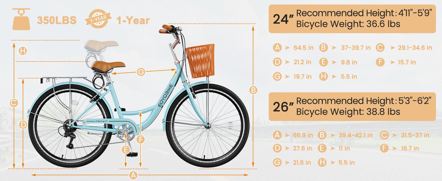 EOYOBIKE Adult Bike 7 Speed, 24 26 inch Beach Cruiser Bikes for Women, Step Through Adult Bicycle with Front Basket for City Commuting