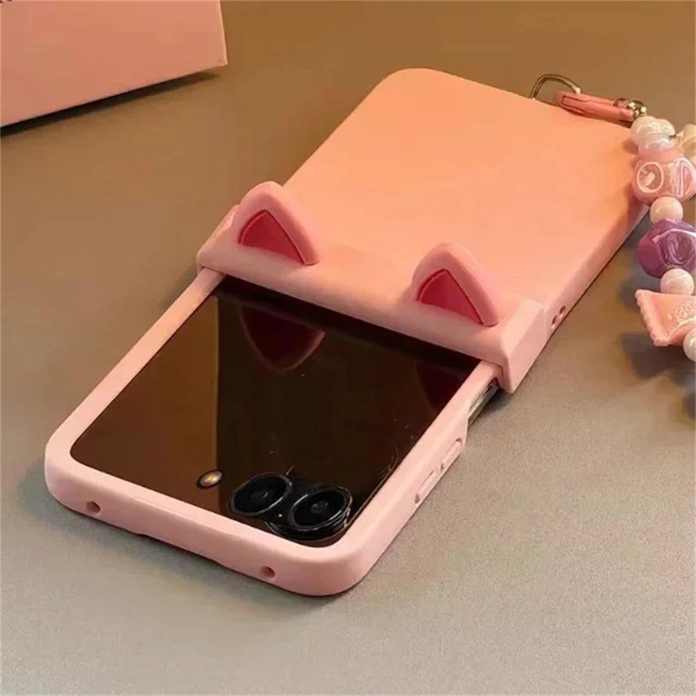 Japan Korean Cute Pink Ears Candy Bracelet Hinge Case for Motorola Razr 60 50 40 Ultra 60Pro Razr Plus 2023 2024 2025 Cover