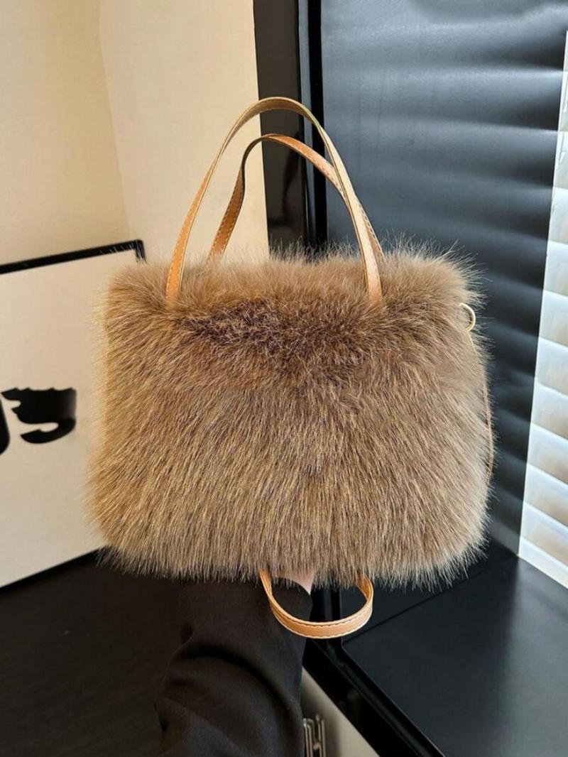 Fashionable Imitation Fur Small Casual Trendy Handbag with Grip Handle and Shoulder Strap, Stylish Design, Multiple Color Options, Perfect Daily Accessory