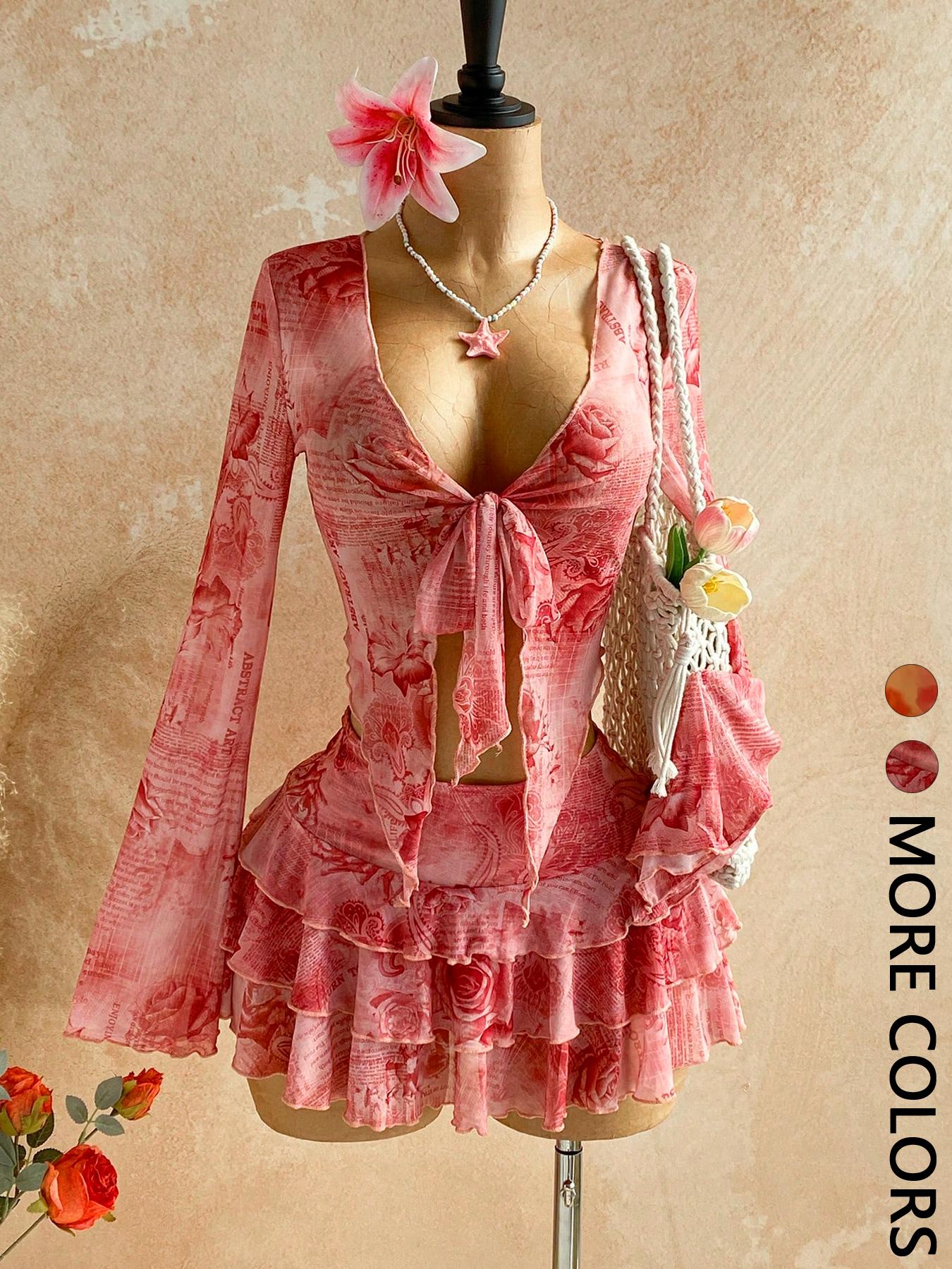 2 Piece Women's Floral Print Mesh Long Sleeve Tie Front Top and Ruffle Mini Skirt Set, Summer Beach Outfit, Fashion Clothing Set