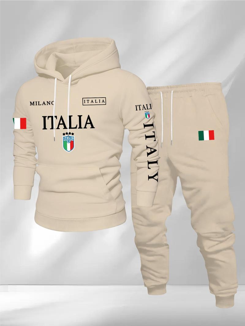 Men's Letter Print Casual Sportswear Set, Hooded Sweatshirt & Drawstring Pants, Fall Winter Comfortable, 2 Piece Set, Sweatsuit Set Outfit