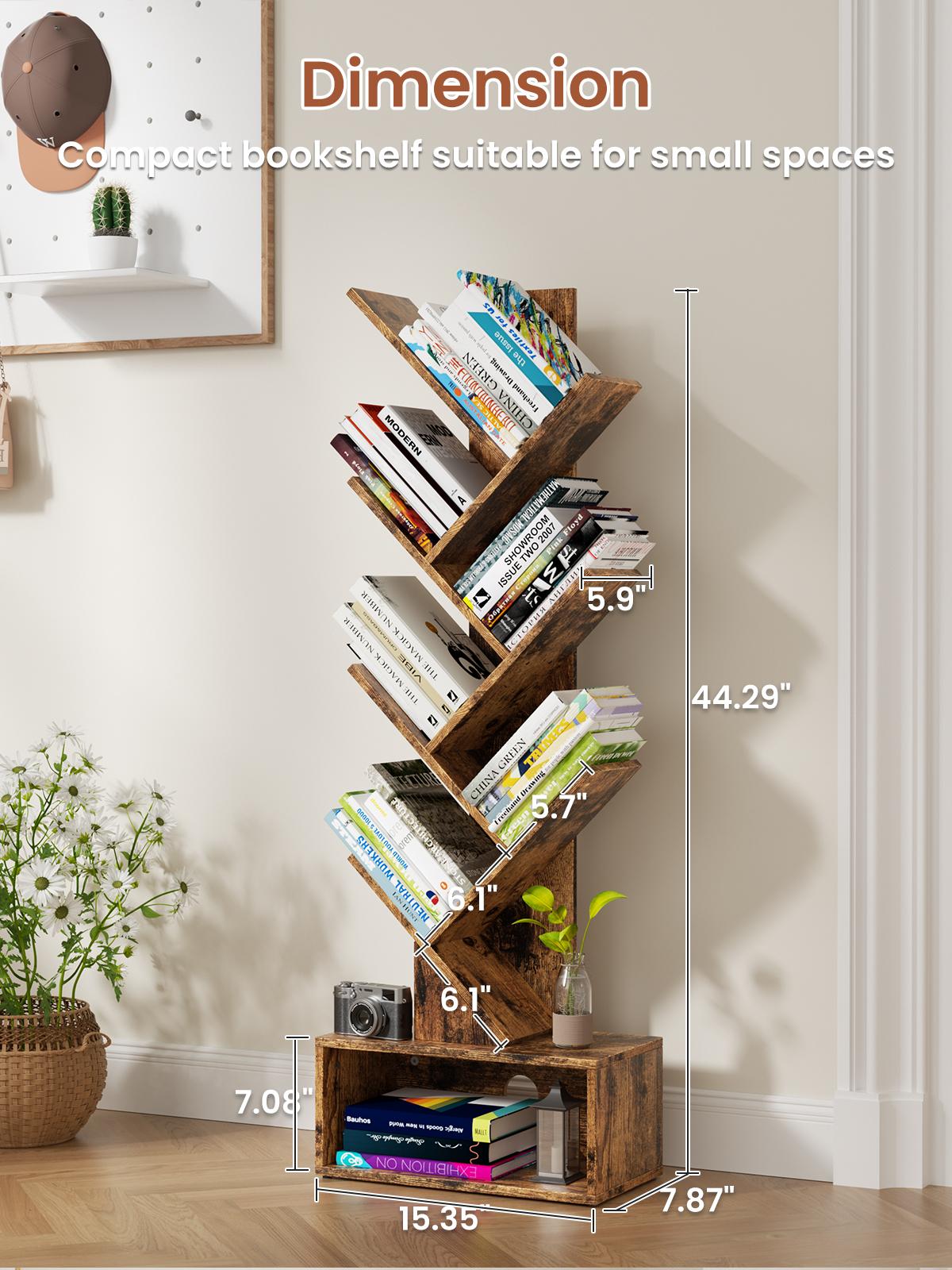 Flycity Bookshelf with Drawer,6 Tiers Tree Bookshelf, Modern Book Storage Organizer,Free Standing Tree Bookcase, Utility Organizer Shelves for Home,Office,Living Room,Bedroom Corner Computer Desk Adjustable Height Desk