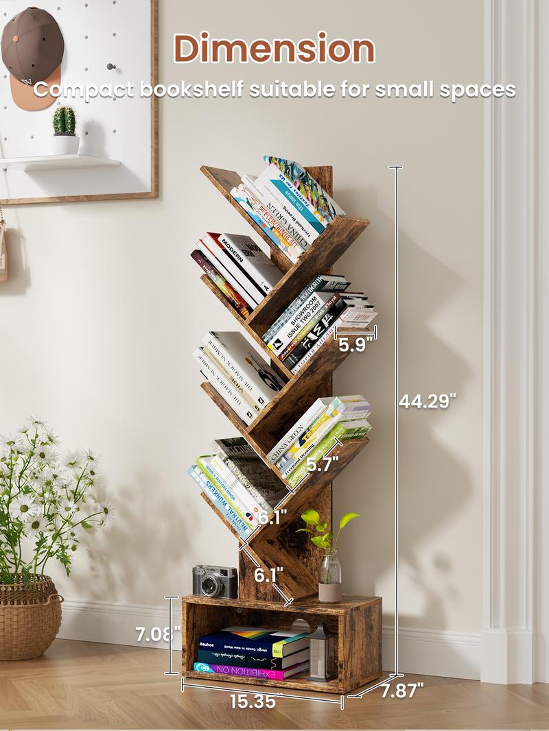 Flycity Bookshelf with Drawer,6 Tiers Tree Bookshelf, Modern Book Storage Organizer,Free Standing Tree Bookcase, Utility Organizer Shelves for Home,Office,Living Room,Bedroom Corner Computer Desk Adjustable Height Desk