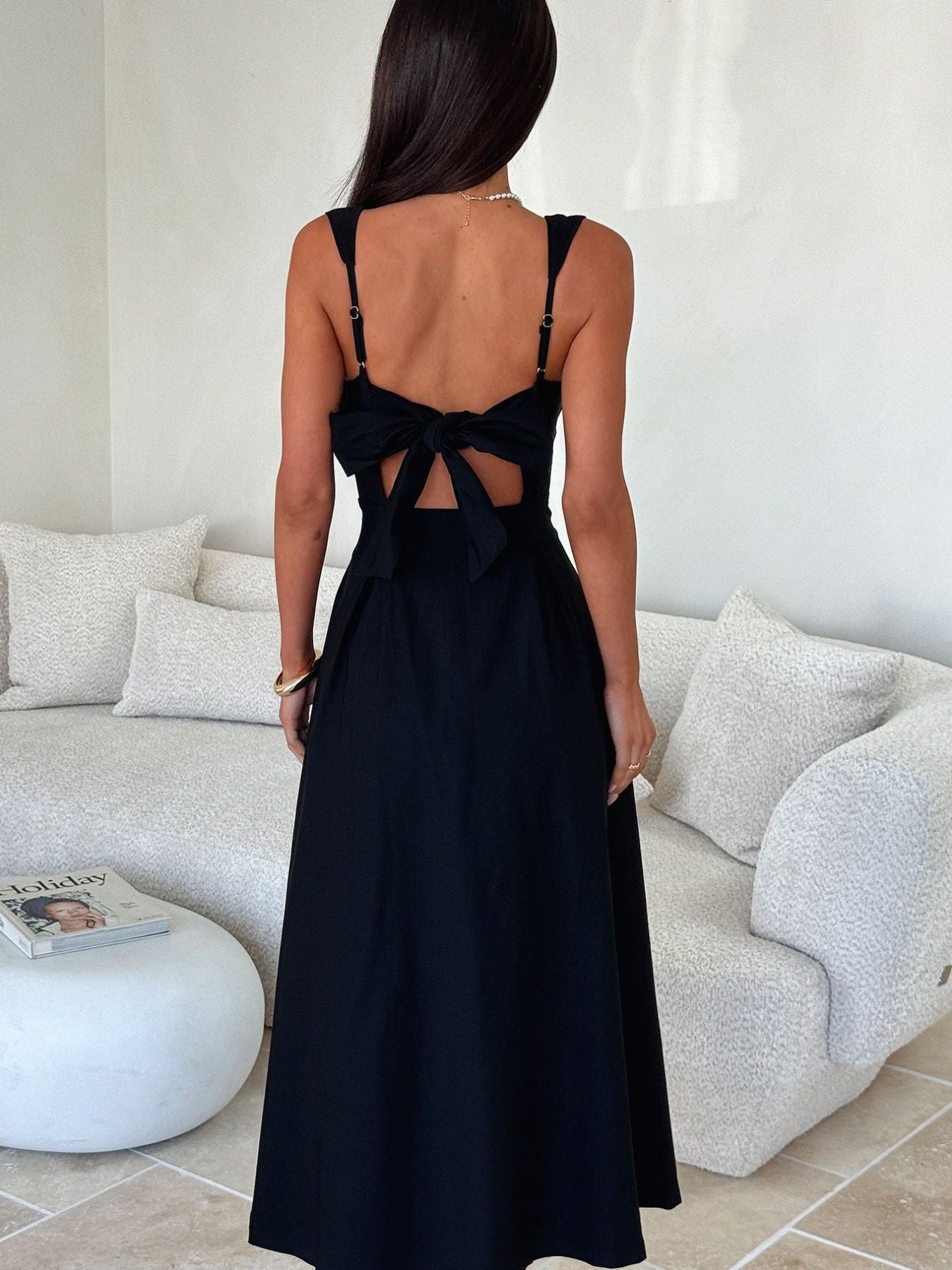 Elegant Vintage Square Neck Back Tie Strap Dress, Sleeveless Fitted Midi Dress, Casual Plain Style Day Evening, Women's Fashion Clothing, Casual Wear, Womenswear