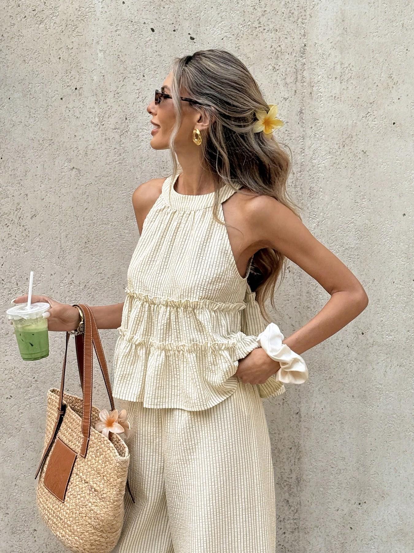 Women's 2 Piece Set | Sleeveless Halter Neck Ruffle Top & High Waist Wide Leg Pants | Casual Feminine Summer Beach Vacation Outfit
