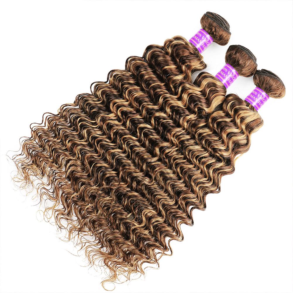 Highlight Deep Wave Bundles P4/27 Ombre Colored Human Hair Bundles Brown Brazilian Hair Weave Bundle 3/4 Remy Hair Bundles