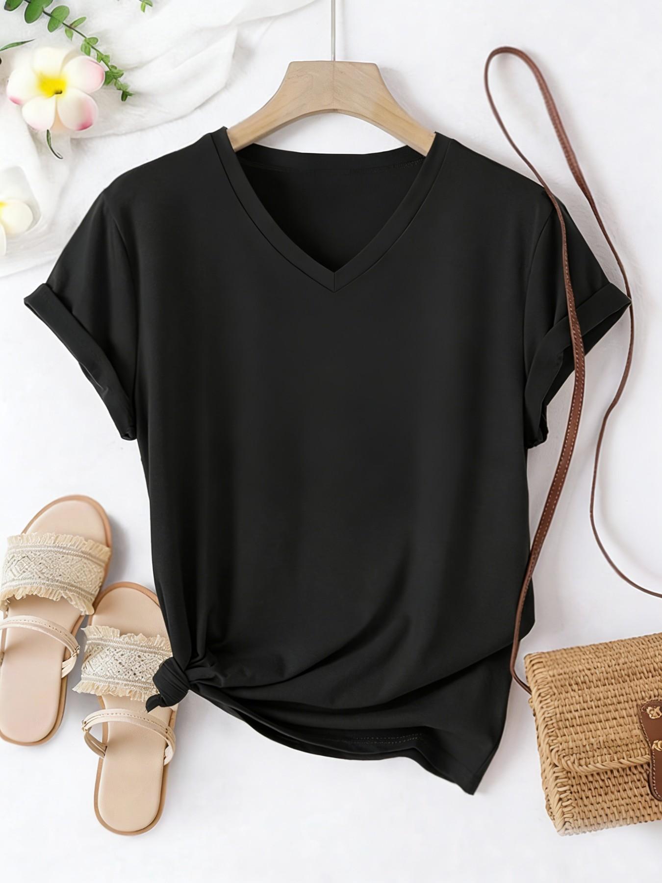 Women's V-Neck Solid Color Short Sleeve Basic Minimalist T-Shirt, Casual Fitted Top, Soft Comfortable Fabric, Summer All Seasons Wear, Casual Tops