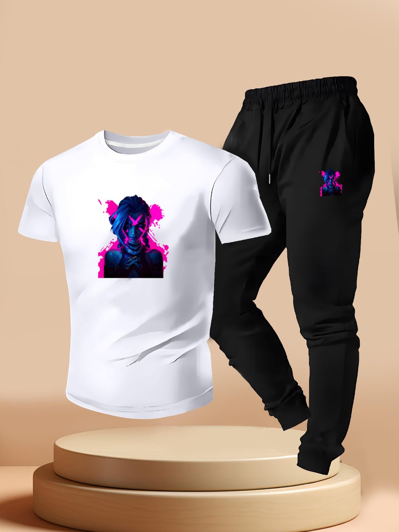 Cyberpunk Neon Gold Khione League of Legends Print, Casual Short Sleeve T-Shirt + Jogger Pants Set, Summer Gamer Style