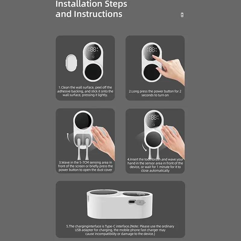 Double-person toothbrush disinfection device, equipped with LED intelligent screen, featuring intelligent sensing, automatic UV opening/closing, intelligent disinfection, air drying, hole-free wall mounting, detachable design, suitable for home use