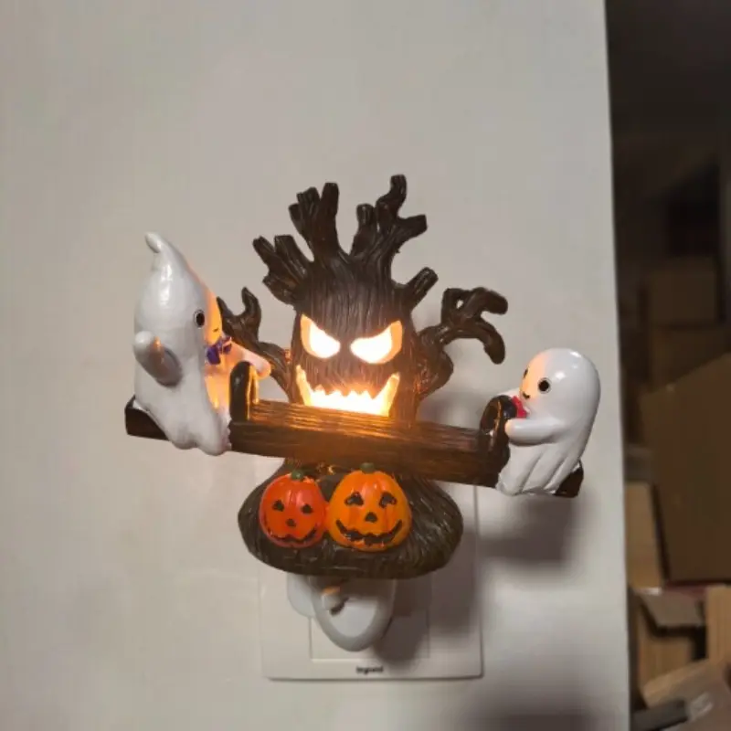 Friendly Ghosts Move up and Down for Playful Halloween Charm, Animated Seesaw Ghost Night Light, Holiday Decoration Lights, Festive Decoration, Manual Press Rocker Plug in Resin Wall Decor Glowing Tree Face Pumpkin Bedroom