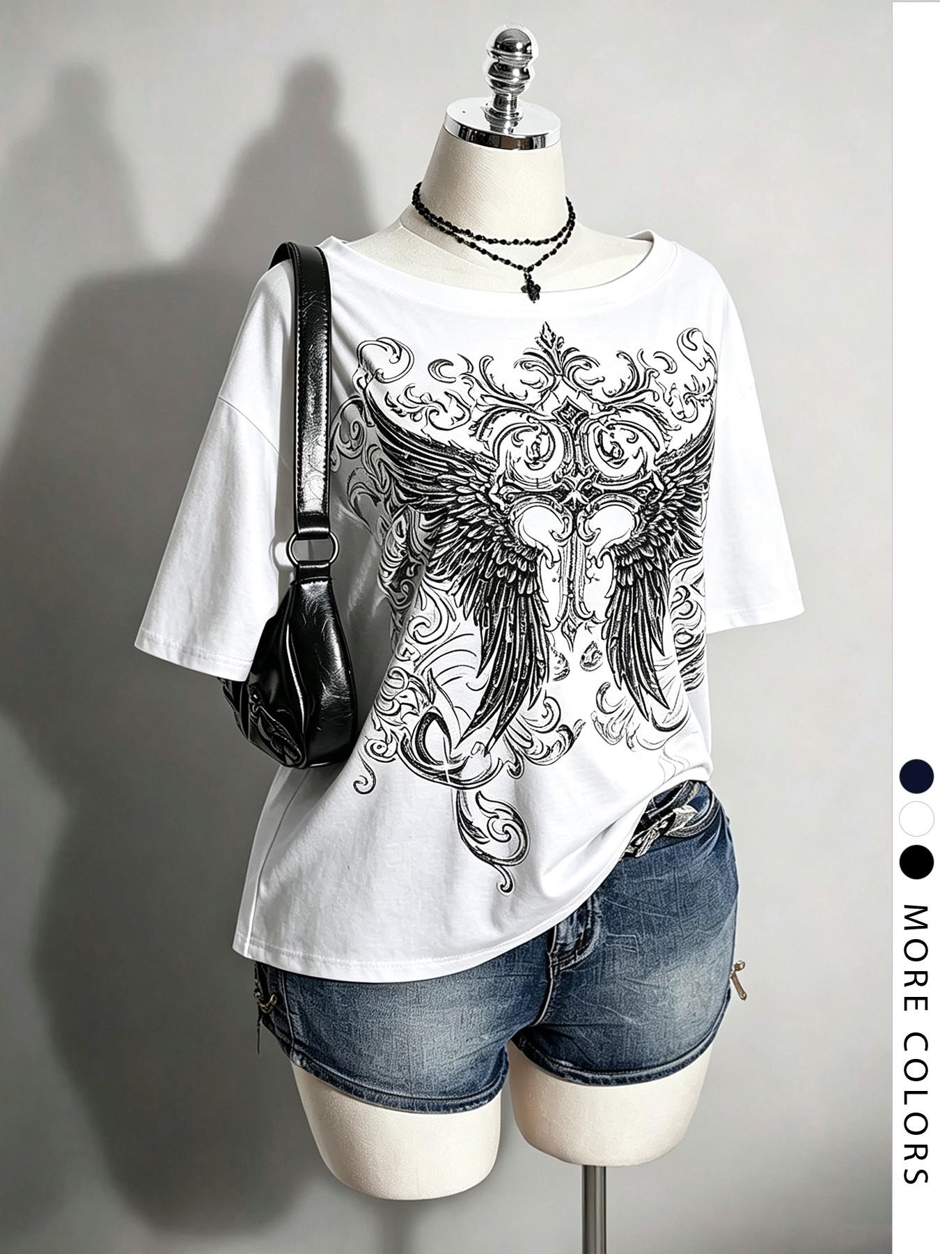 Women's Vintage Gothic Wing Print Short Sleeve Top, Summer Casual Fashion Graphic T-Shirt, Casual Trendy Tee