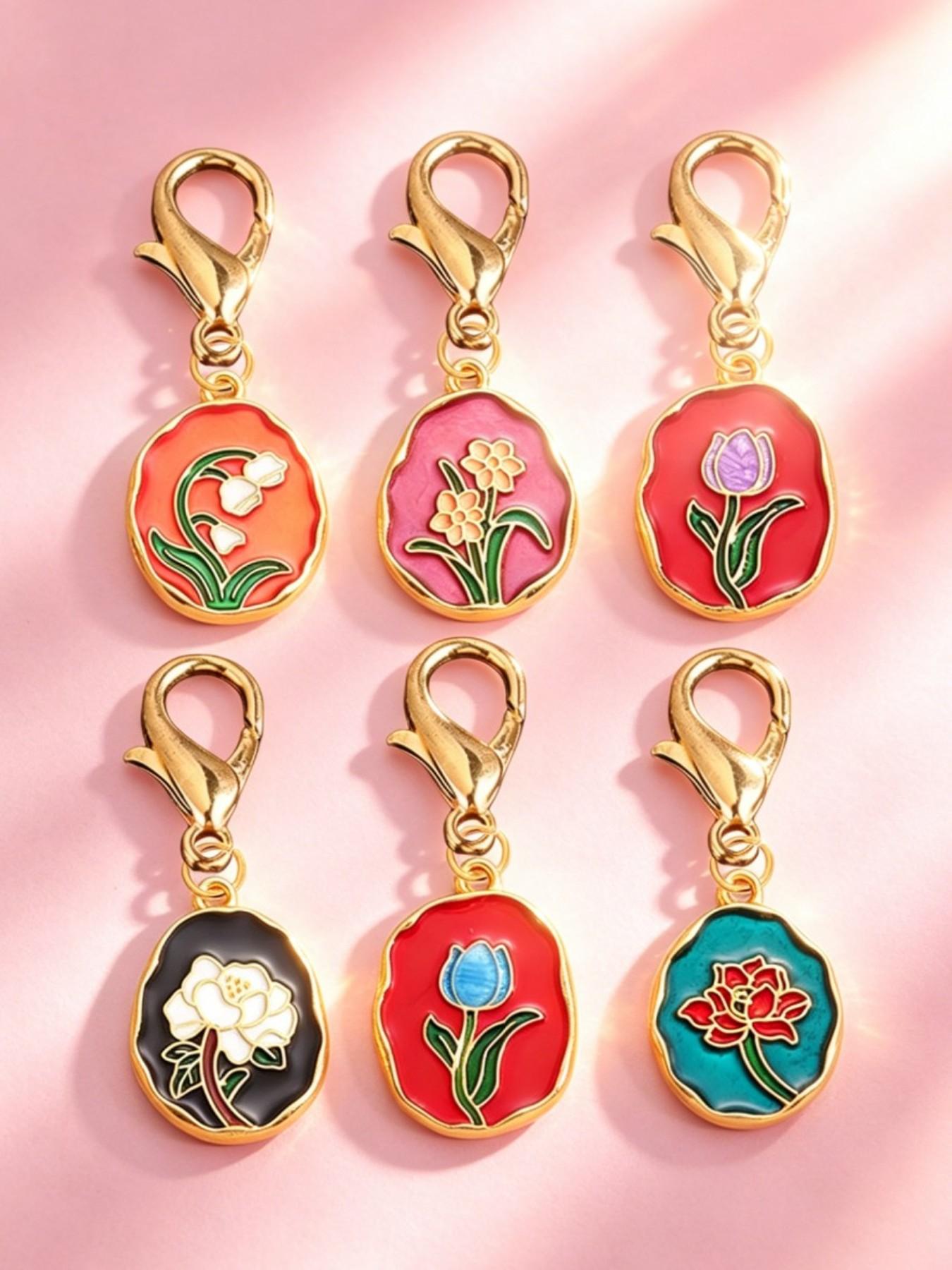 6pcs/12pcs Random Color Alloy Enamel Tulip Pendant, Vibrant Flower Keychain for Bags Set, Cute Bag Charm for Women, Fashion Accessory, Elegant Key Ring