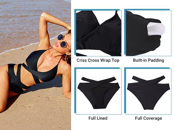 Holipick Two Piece Bikini Sets for Women High Waisted Bikini Push Up Swimsuit Halter Wrap Criss Cross Bathing Suit Triangle Bikini Top Bandage Tie Front Swimsuit with V Cut Bikini Bottoms Twist Front Bikini Top with Full Coverage Bottom