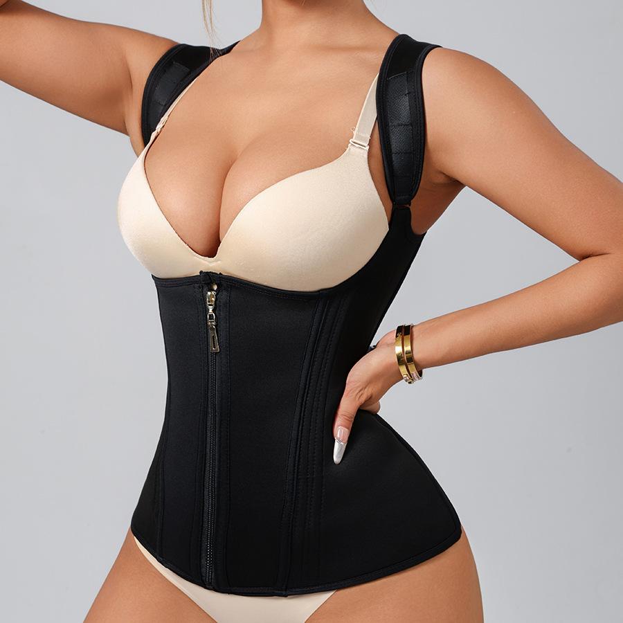 Women's Compression Corset Shapewear Top - Nylon Blend, Breathable Mesh High-Stretch Vest with Steel Bones, U-Shaped Chest, Adjustable Zipper, Hooks, Straps for Tummy Smoothing, Waist Trainer