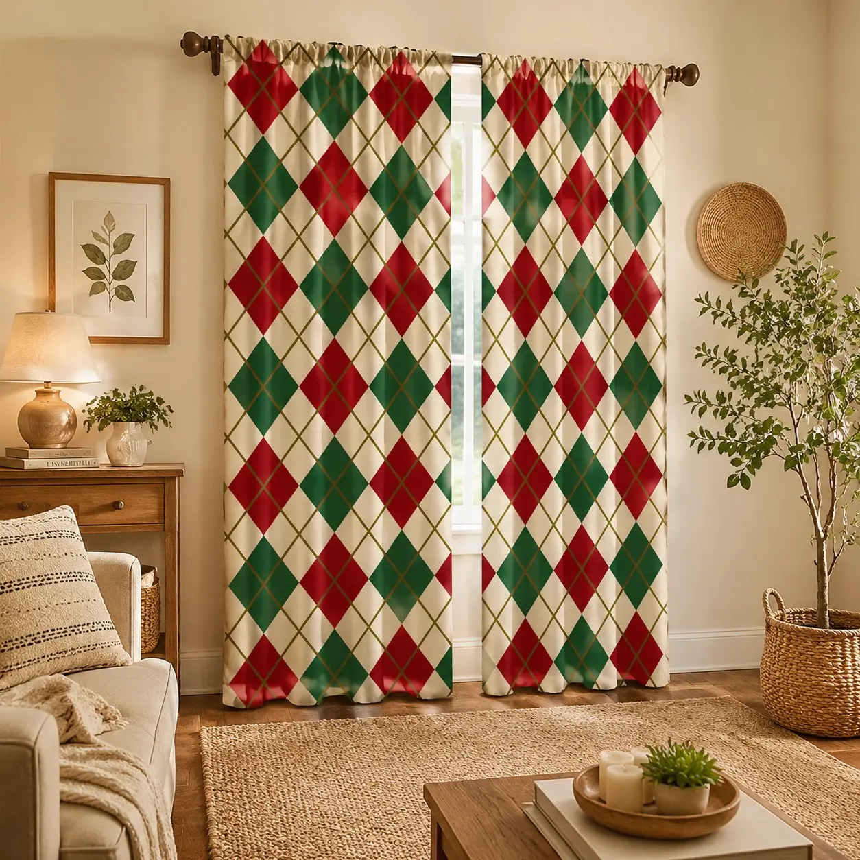 Two-Pack Festive Plaid Print Curtains, Retro Diamond Pattern, Perfect for Living Room, Enhance Holiday Atmosphere