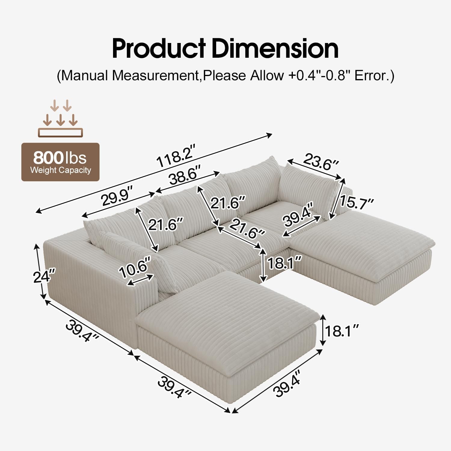118" Corduroy Modular Sectional Sofa Couch, Oversized 3-Seater Cloud Boneless Couches with Removable Cushion & 2 Ottoman, No Assembly Required, U Shape Deep-Seat Fluffy Couches for Living Room, Compression, Free Combination, Throw Pillow, Luxurious