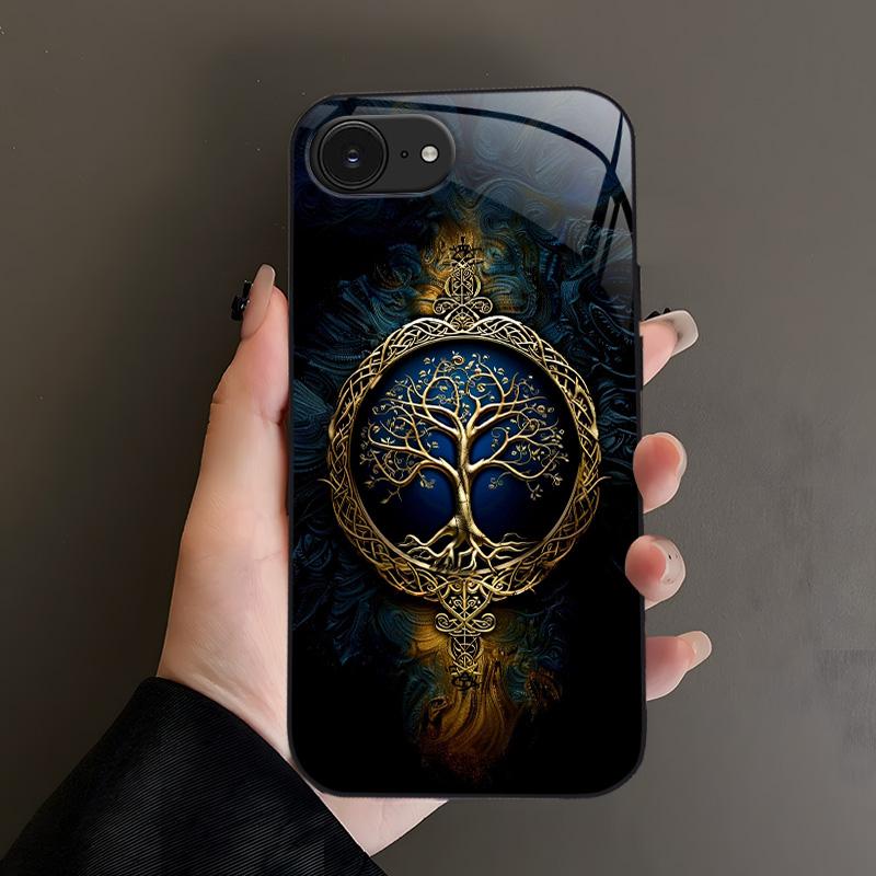 Suitable for [iPhone 16e] high-end phone case🤩， high-end patterns，blue and gold tree of life pattern new black phone，drop-resistant and fingerprint-proof YM99