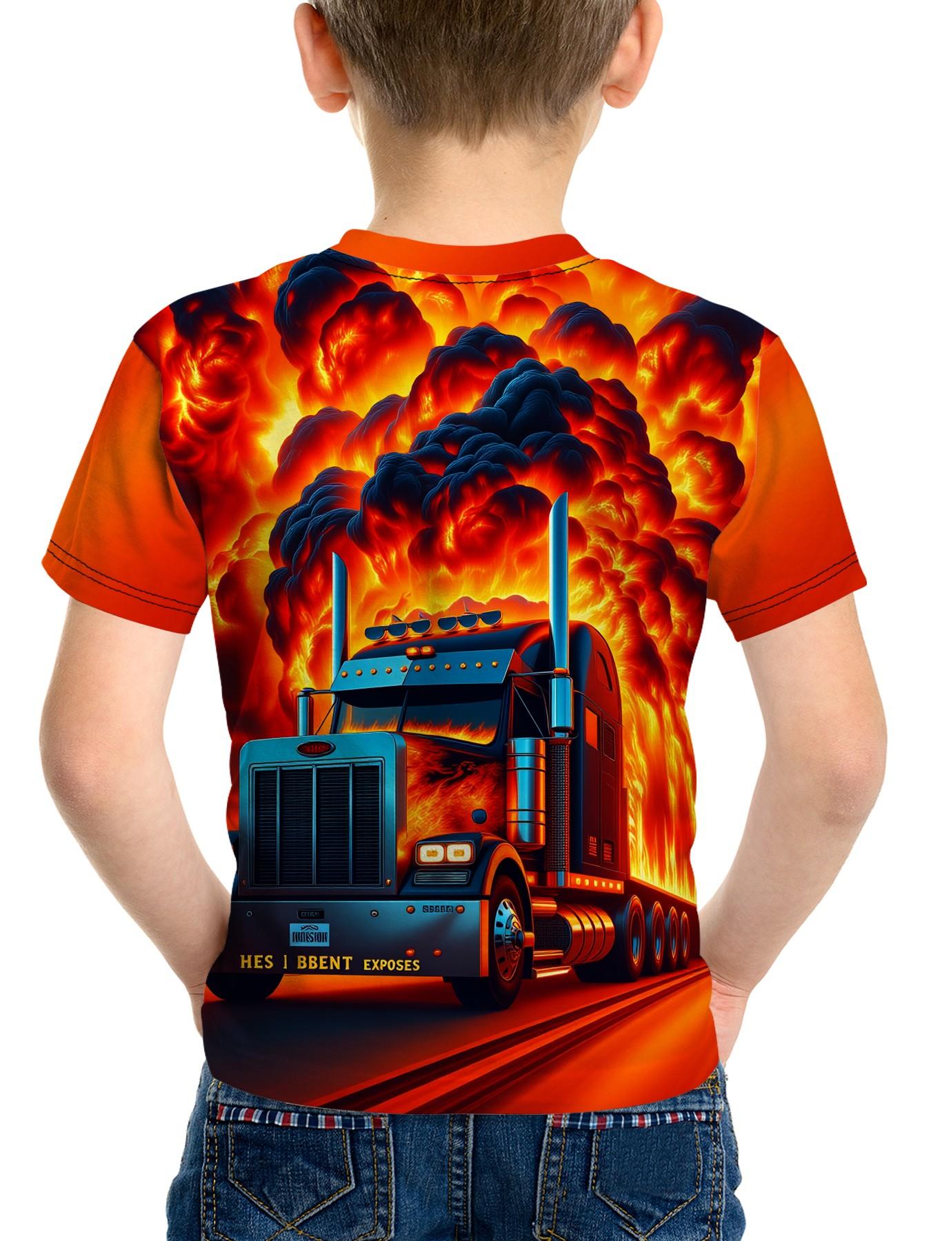 Boys' 3D Fire Truck Print Short Sleeve T-Shirt, Cool Optimus Prime Round Neck Casual Top, Trendy Slim-Fit Long Tee for Middle School Kids