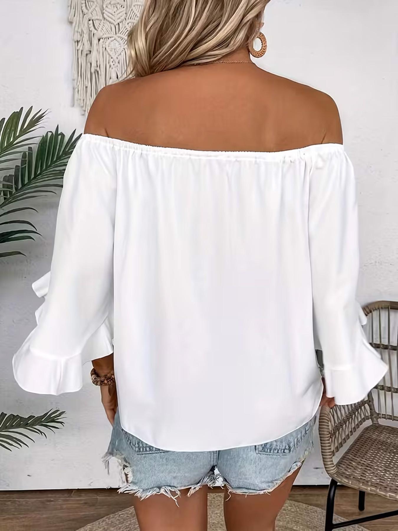 Women's Casual Off-Shoulder Ruffle Bell Sleeve Shirt Blouses, Elegant Feminine Tie Hem Loose Top, Stylish and Comfortable Daily Wear