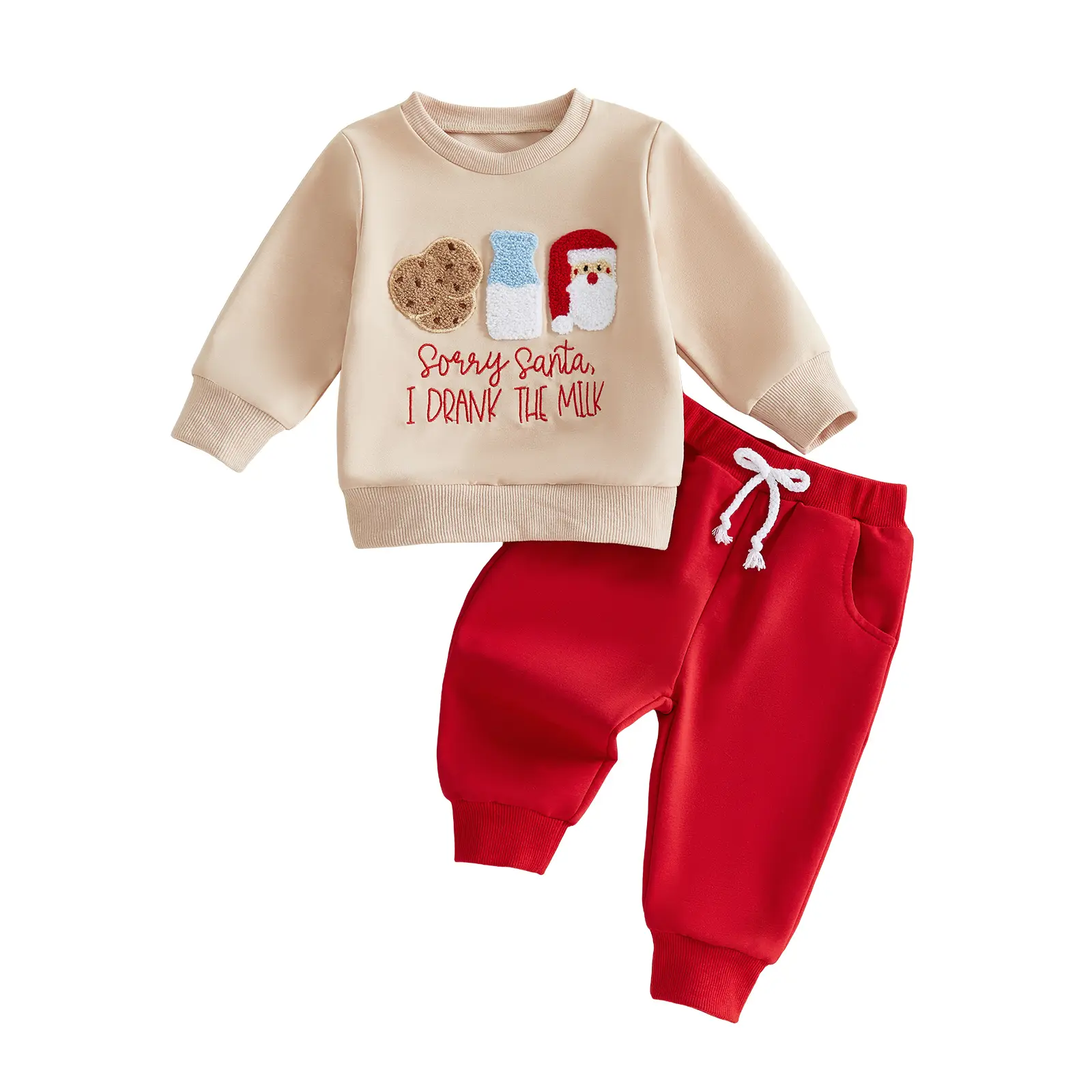 FOCUSNORM Toddler Baby Boy Christmas Outfit Long Sleeve Christmas Towel Embroidered Sweatshirt with Solid Pants 3M-3T