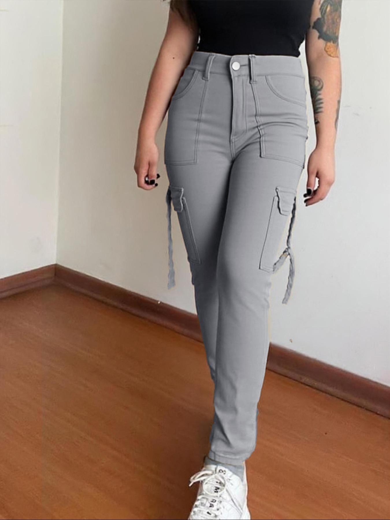 Women's Plain Multi-pocket Denim Elastic Slim Fit Button Cargo Pants, Casual Street Trousers for Everyday Wear, Ladies' Bottoms for All Seasons, Jeans with Pockets, Womenswear