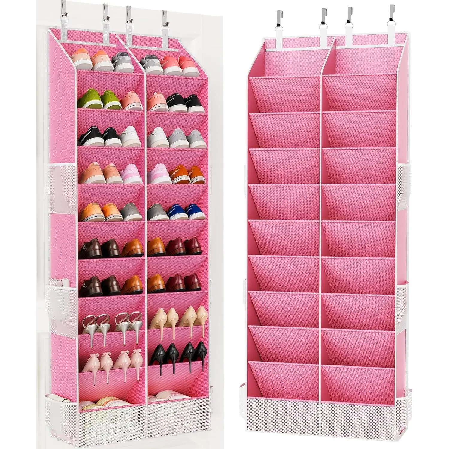Over the Door Shoe Organizer, 20-30 Pairs Heavy-Duty Hanging Shoe Storage with Large Pockets, 10-Tier Door Shoe Rack with 4 Hooks for Sneakers Sandals Heels Boots (Pink)