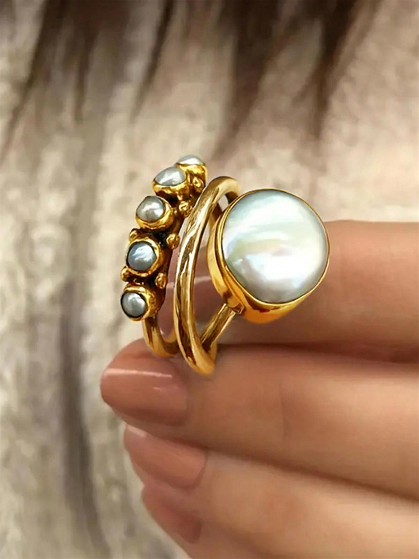 1 PC Retro Style Faux Pearl Ring For Women For Wedding Engagement Party Jewelry Valentine's Day Gift Fashion Rings