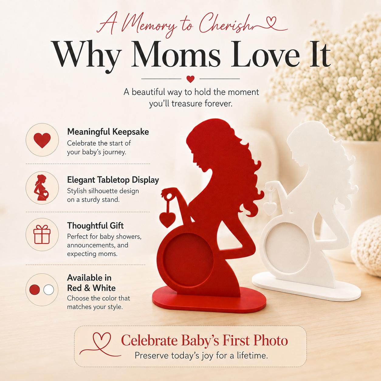 Pregnancy Ultrasound Photo Frame for Expecting Mom, Mother Silhouette Sonogram Picture Holder with Heart Charm, Baby Shower Gift, Pregnancy Keepsake & Nursery Tabletop Decor