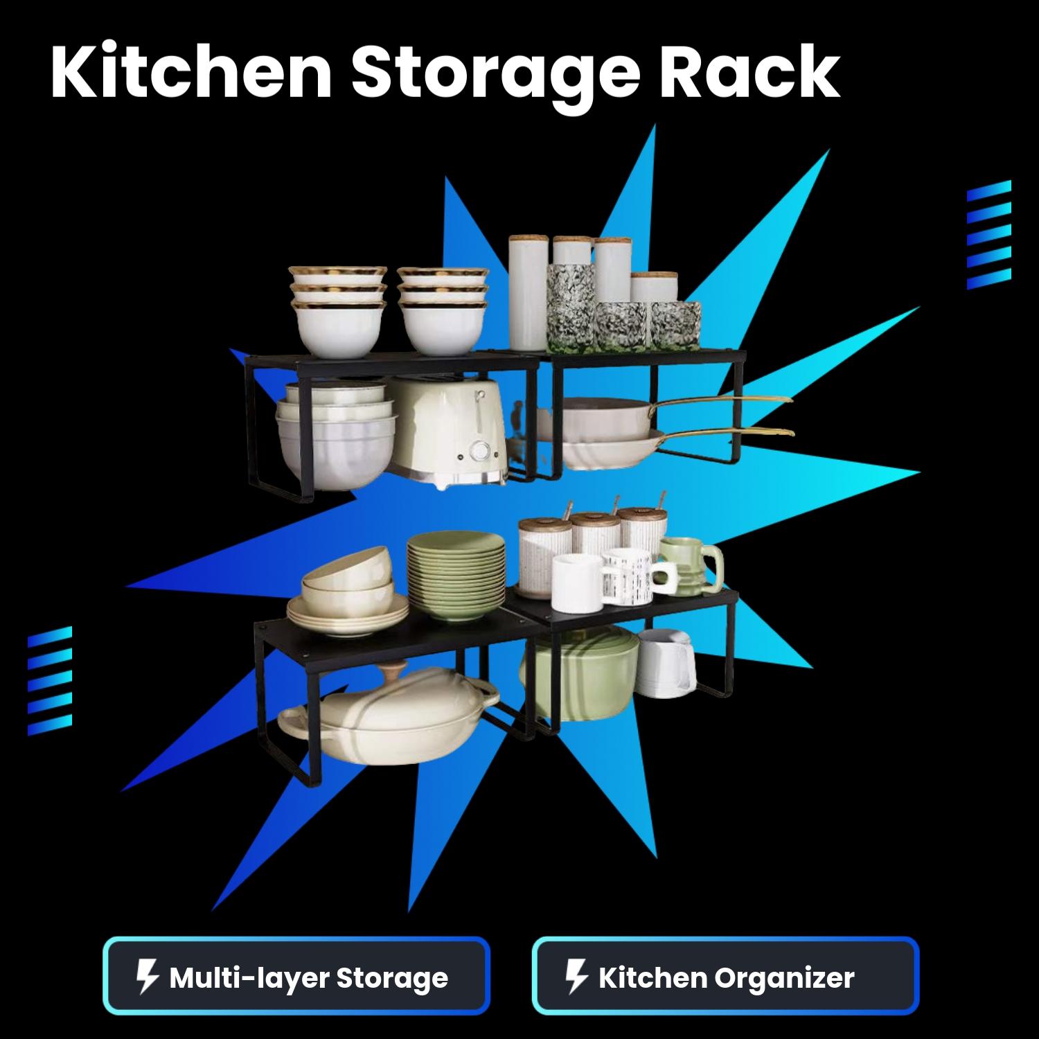 Kitchen Cabinet Organizer Set, Multi-Layer Storage Rack Easy Assembly for Pots, Bowls, Dishes, Spices, Countertop Shelf, Cupboard Dividers, Kitchen Organizers