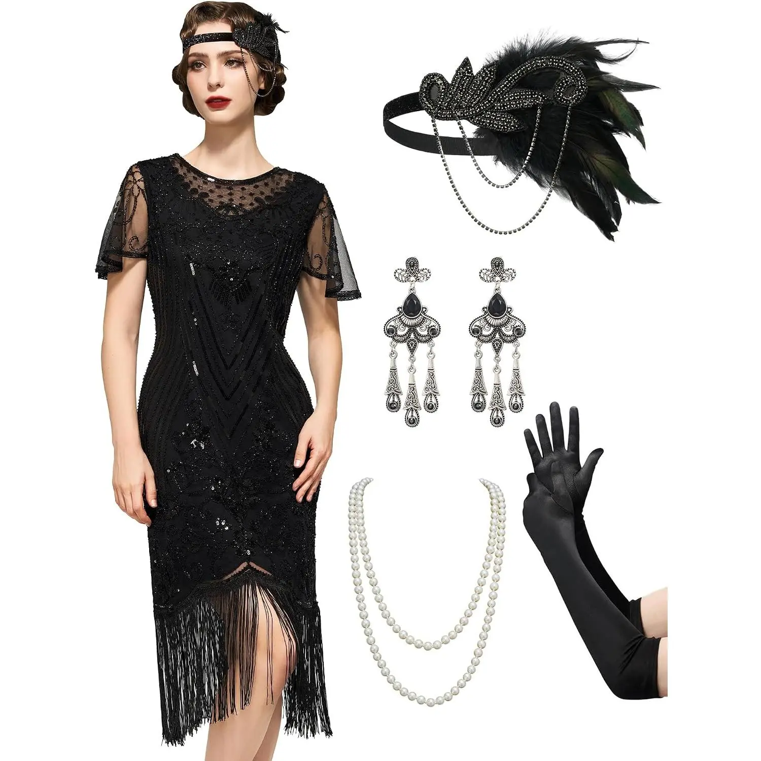 Women's 1920s Flapper Dress with Sleeves, Great Gatsby Lace Neck Roaring 20s Costume Dress